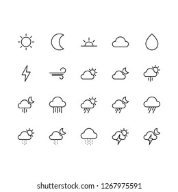 Top 20 Simple Set of Weather Related Vector Line Icons. Contains such Icons as Cloud, Rain, Lightning, and more. Editable Stroke. Pixel Perfect.