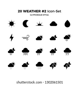 Top 20 Simple Set of Weather Related Vector Icons in Glyph/Solid Style. Contains such Icons as Sunny, Thunderstorm, Rainy and more. Editable Stroke. Pixel Perfect.