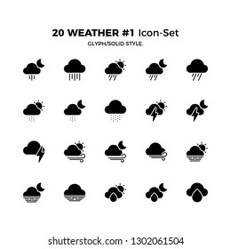 Top 20 Simple Set of Weather Related Vector Icons in Glyph/Solid Style. Contains such Icons as Windy, Thunderstorm, Rainy and more. Editable Stroke. Pixel Perfect.