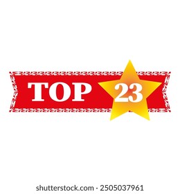 Top 23 banner. Bold top twenty three text. Golden star focus. Red ribbon background.