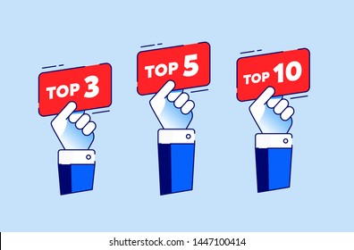 Top 3, 5, 10. Set Of A Rating Stamp, Badge. Hands With Score Labels, Nameplate. Trendy Tag For Web, Video, Promo, Pictures. Counting Concept
