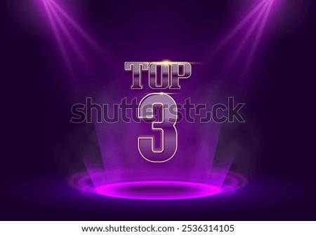 Top 3 award poster. Presentation 3 best illuminated by spotlights. Vector illustration.