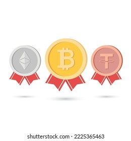 Top 3 Cryptocurrency. Bitcoin Ethereum Tether Gran Límite de mercado. Bitcoin gana el primer lugar criptodivisa. Ilustración del vector de dibujos animados.