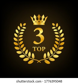 Top 3 label. Golden laurel wreath icon. Vector stock illustration.