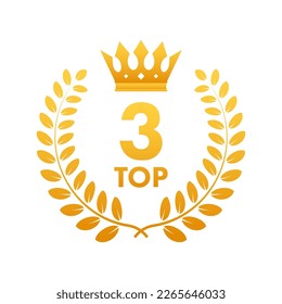 Top 3 label. Golden laurel wreath icon. Vector stock illustration.