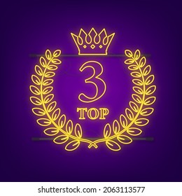 Etiqueta superior 3. Icono de la corona de laurel neón. Ilustración de material vectorial