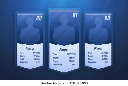 Top 3 players score screen. Game ranking holographic pedestal. Winners virtual board with statistics. Best players of all time. Hall of fame. Eps10 vector