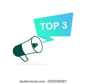 Top 3 sign. Flat, blue, megaphone icon, top3 megaphone. Vector illustration