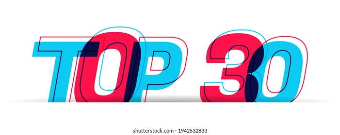 Top 30 sign. Overlapped red-blue letters isolated on a white background. Vector illustration