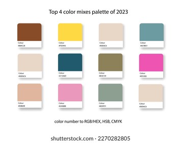 Top 4 pastel color mixes palette of 2023. Trend color guide collection in RGB, CMYK. Bright color set for fashion, home interior, design.