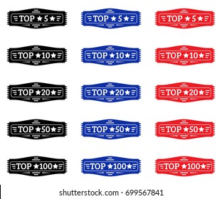 top 5, top 10, 20, 50, top 100. set of black, red, blue badge. white elements of decoration and text