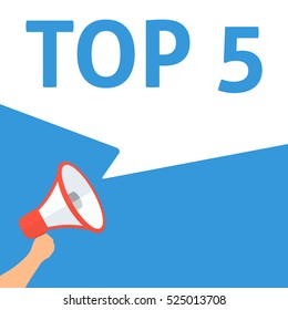 TOP 5 Announcement. Hand Holding Megaphone With Speech Bubble. Flat Illustration