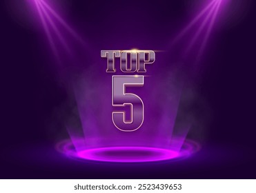 Top 5 award poster. Presentation 5 best illuminated by spotlights. Vector illustration.