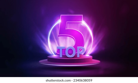 Top 5, banner con podio flotando en el aire con premio, anillo de neón gradiente de línea y foco en el fondo