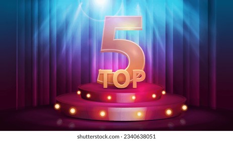 Top 5, banner with red podium with award, bulb lights and spotlight on background with curtain