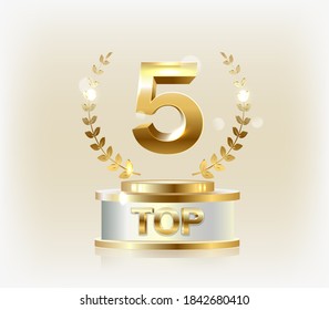 Top 5 Best Podium Award Sign, Golden Object. Vector Illustration