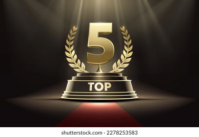 Top 5 best podium award sign, golden object. Vector illustration