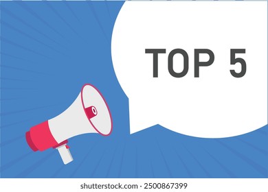 Top 5 Botón, Anuncio, etiqueta, Plantilla para el Sitio web. Top 5 texto con el icono colorido del megáfono
