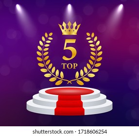 Top 5. Golden laurel wreath icon. Victory prize. Trophy cup. Vector stock illustration.
