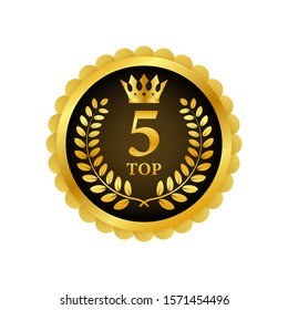 Top 5 label. Golden laurel wreath icon. Vector stock illustration.