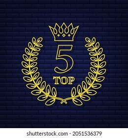 Top 5 Label. Neon Laurel Wreath Icon. Vector Stock Illustration.