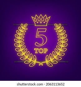 Top 5 Label. Neon Laurel Wreath Icon. Vector Stock Illustration