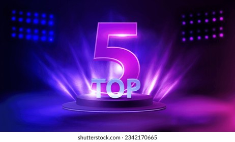 Top 5, poster with podium with award in a fog and spotlight on background