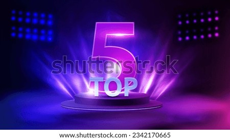 Top 5, poster with podium with award in a fog and spotlight on background