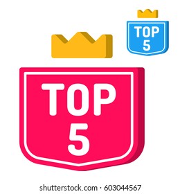 Top 5. Red and blue badges with crown icon. Vector with 3d effect, illustration on white background.