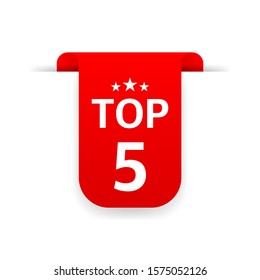 Top 5. Red ribbon. Flat vector illustration on white background.