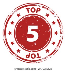Top 5 red rubber stamp icon isolated on white background. Vector illustration