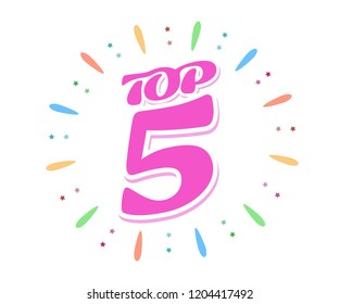 Top 5 – word inside fireworks on white background. A colored volume inscription. Vector illustration in a flat style.