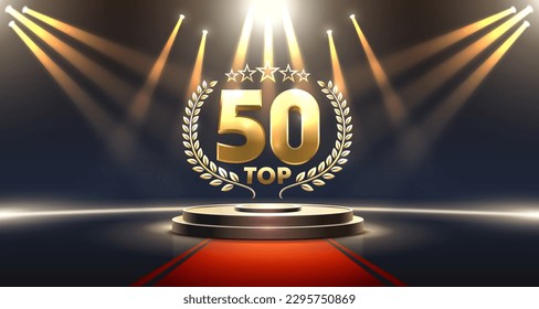 Top 50 best podium award sign, golden object. Vector illustration