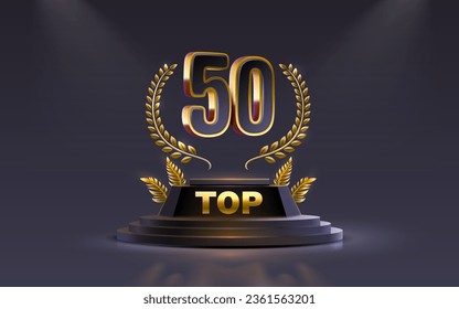 Top 50 best podium award sign, golden object. Vector illustration