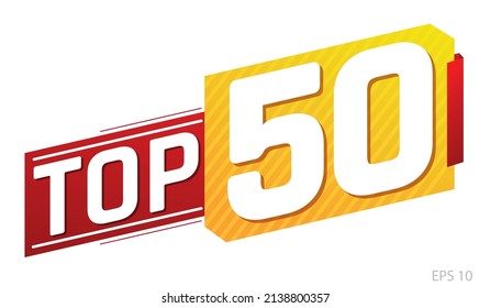 Top 50 word on red and yellow ribbon. Vector illustration.