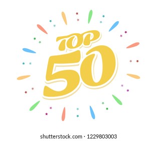 Top 50 – yellow word inside fireworks on white background. A colored volume inscription. Vector illustration in a flat style.