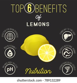 Los 6 principales beneficios de los limones. Ilustración vectorial con hechos útiles aislados sobre un fondo gris oscuro.