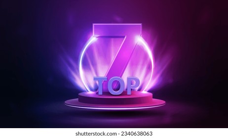 Top 7, banner with podium floating in the air with award, line gradient neon ring and spotlight on background