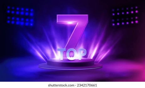 Top 7, afiche con podio con premio en niebla y foco en el fondo