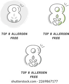 Top 8 allergen free vector icon,Big 8 allergen free, free from the 8 major allergens, Top 8 free, allergy-friendly.