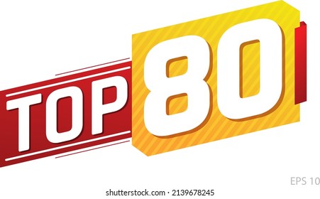 Top 80 word on red and yellow ribbon. Vector illustration.