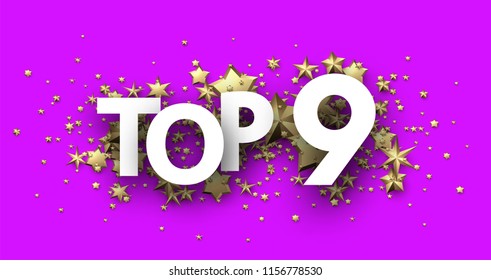 Top 9 Sign With Gold Stars. Rating Or Hit-parade Header. Vector Background.
