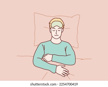 Top above angle young man sleep with blindfold simple korean style illustration