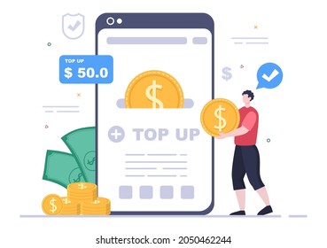 Top Up Add Your Money Balance Vector Illustration on Mobile Phone Device For Financial Application, E-Wallet or Digital Currency Concept