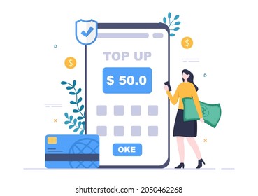Top Up Add Your Money Balance Vector Illustration on Mobile Phone Device For Financial Application, E-Wallet or Digital Currency Concept