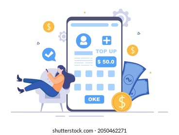 Top Up Add Your Money Balance Vector Illustration on Mobile Phone Device For Financial Application, E-Wallet or Digital Currency Concept