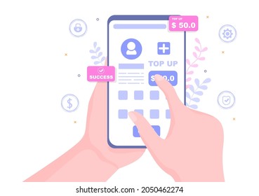 Top Up Add Your Money Balance Vector Illustration on Mobile Phone Device For Financial Application, E-Wallet or Digital Currency Concept