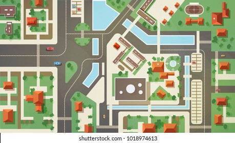 Top, Aerial Or Bird's Eye View Or Plan Of Modern City With Commercial And Living Buildings, Structures, Roads, Streets, River, Canals And Bridges. Beautiful Urban Landscape. Flat Vector Illustration.