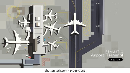 A top aerial view of an airport terminal with arrival and departure commercial airplanes. Logistics and travel vector illustration.