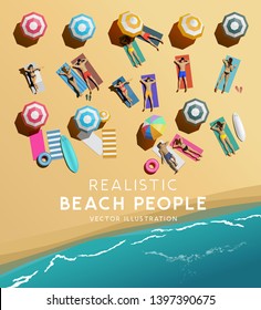 Top Aerial view of people characters relaxing on a beach holiday. Vacation background.